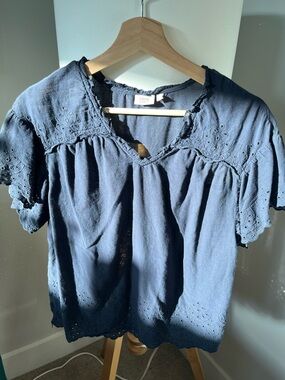 True Craft Navy Eyelet Cotton Peasant Top